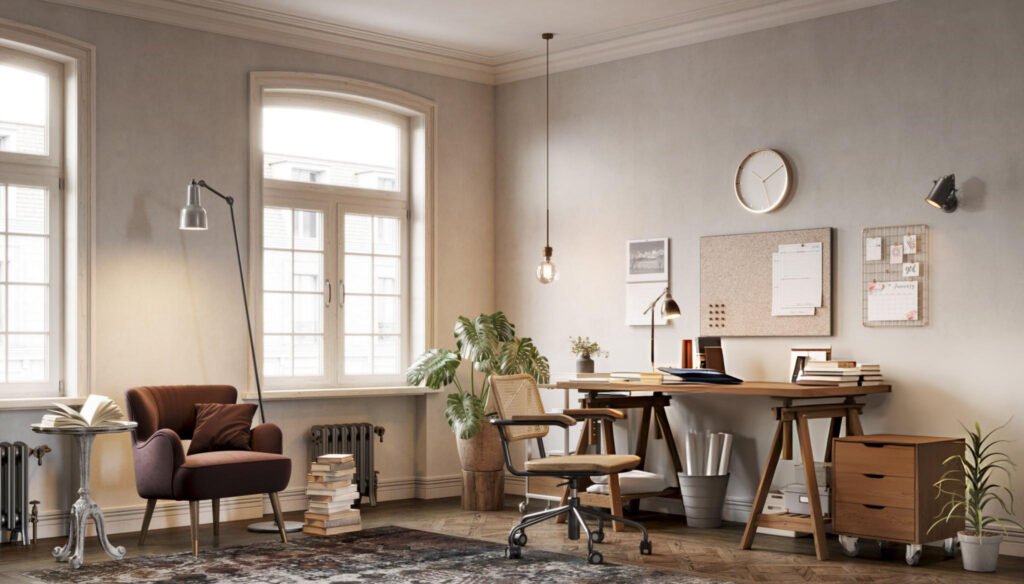 This digitally rendered image features a cozy reading nook with two brown armchairs, a rustic bookshelf, and soft natural lighting. The scene is decorated with books and unique decor pieces, providing a tranquil space for relaxation and focused reading illustrating a home office layout idea for small space