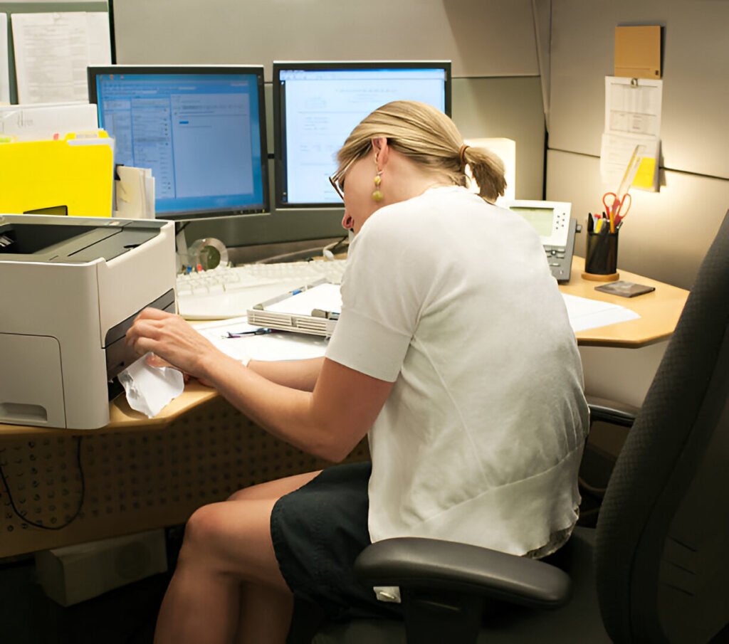 A remote worker handling two multifunction printers