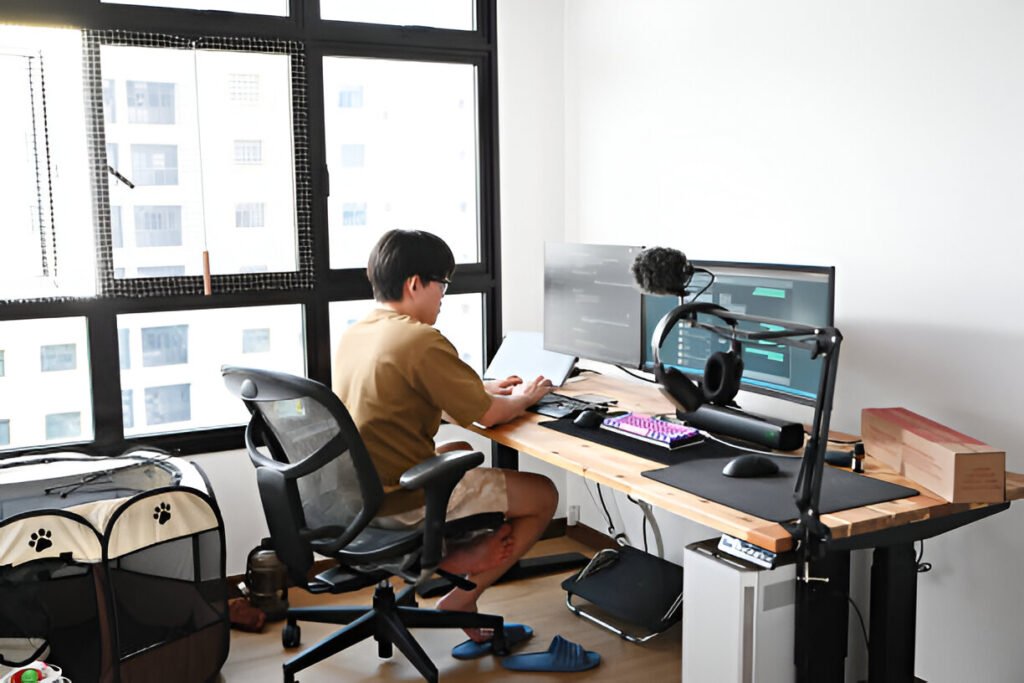 a chinese man working from home iluustrating a dual monitor home office layout
