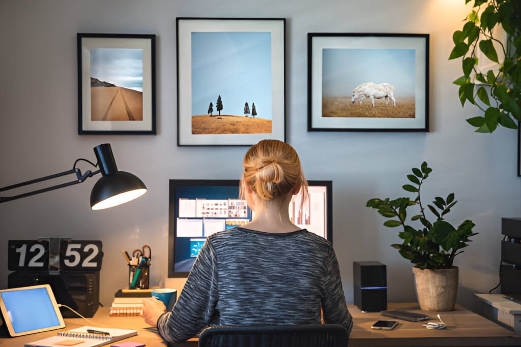 a young lady who is a remote worker working while using a lighting for home office