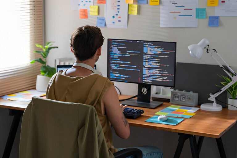 A focused software developer works on code at a home office desk surrounded by technology and colorful notes, illustrating a programmer home office setup